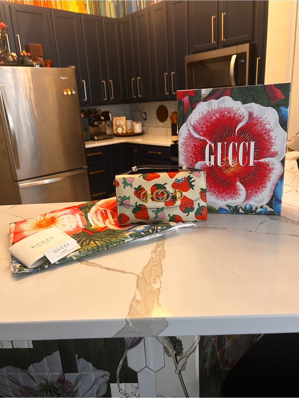 Gucci Beige Wallet with Pink & Red Strawberries and Green Leaves
